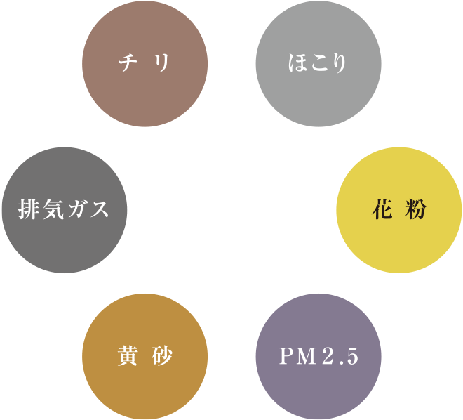 チリ ほこり 花粉 PM2.5 黄砂 排気ガス