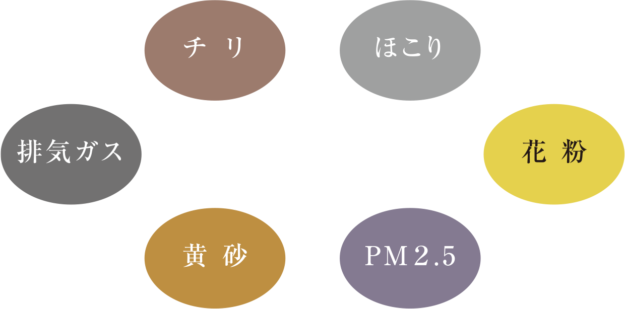 チリ ほこり 花粉 PM2.5 黄砂 排気ガス