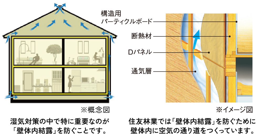 湿気対策の中で特に重要なのが、「壁体内結露」を防ぐことです。住友林業では「壁体内結露」を防ぐために壁体内に空気の通りをつくっています。