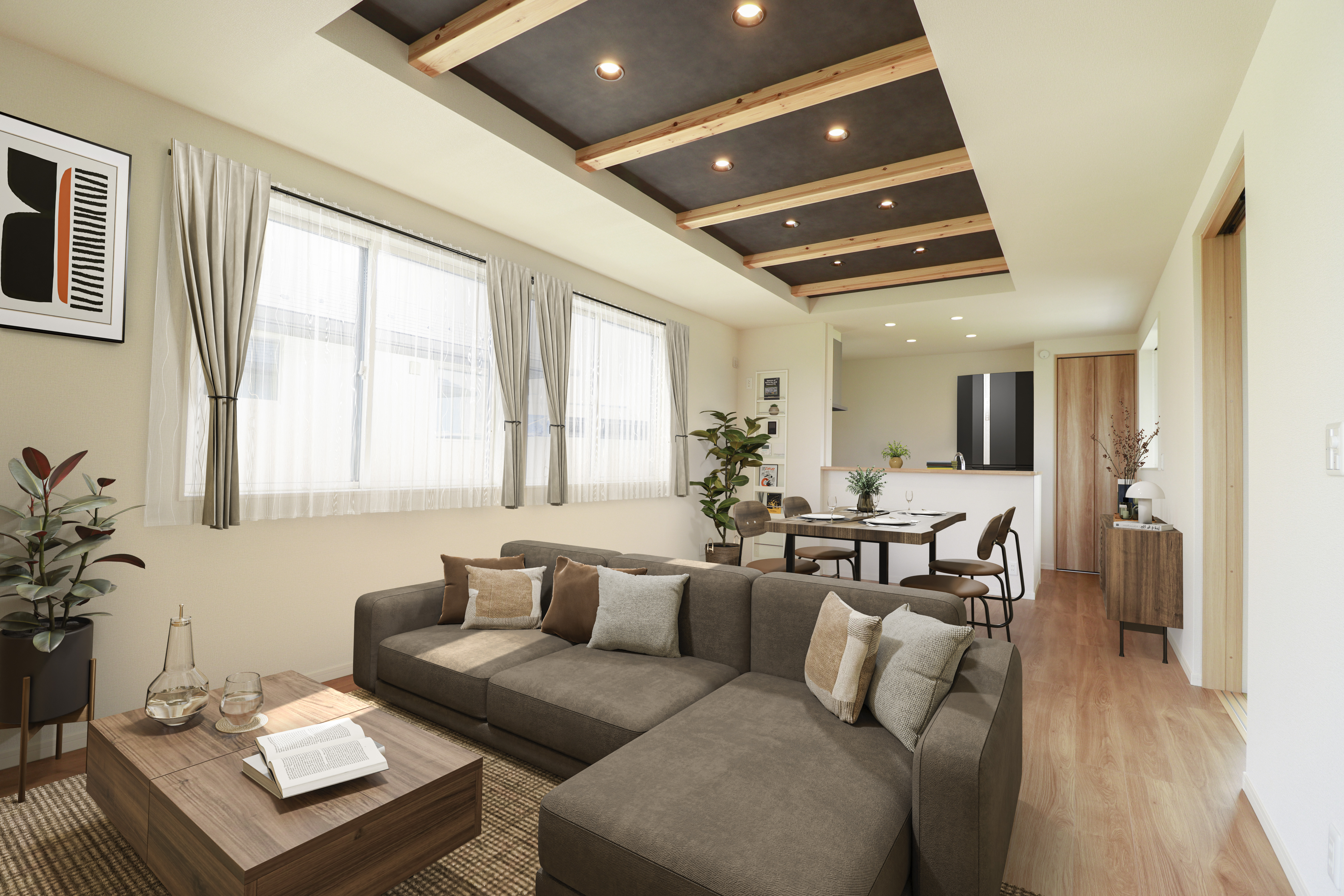 10号棟の開放感あふれる2階リビング！
朝のコーヒータイムも夕暮れのひとときも特別な時間に。
※画像は実際の室内写真に家具CGを合成したものです。家具・小物等は販売価格に含まれません。