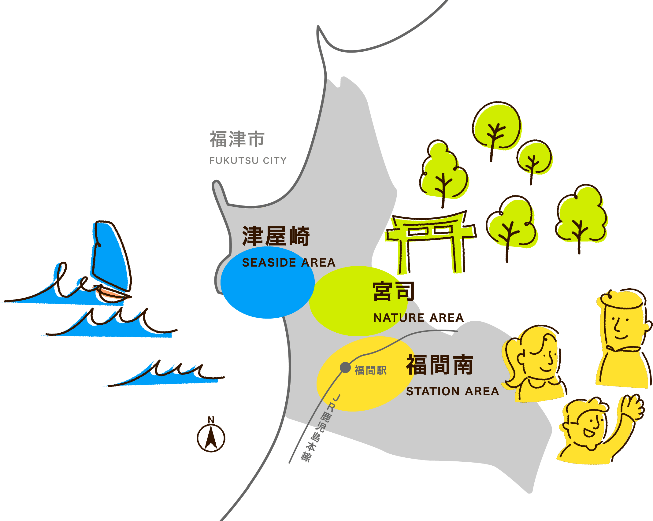 福津市の地図。津屋崎と宮司と福間南のエリアが記されている。