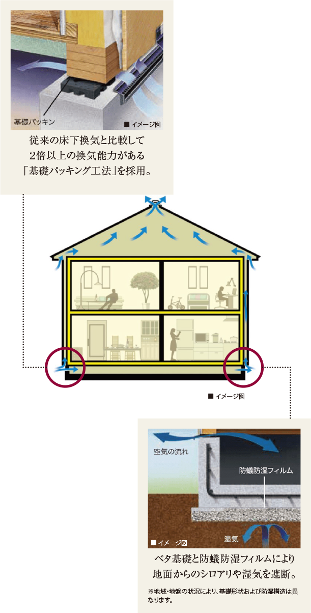 基礎パッキン：従来の床下換気と比較して2倍以上の換気能力がある「基礎パッキング工法」を採用。／住宅断面イメージ（空気の流れ）／ベタ基礎と防蟻防湿フィルムにより地面からのシロアリや湿気を遮断。