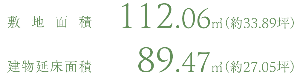 敷地面積 112.06㎡（約33.89坪）／建物延床面積 89.47㎡（約27.05坪）