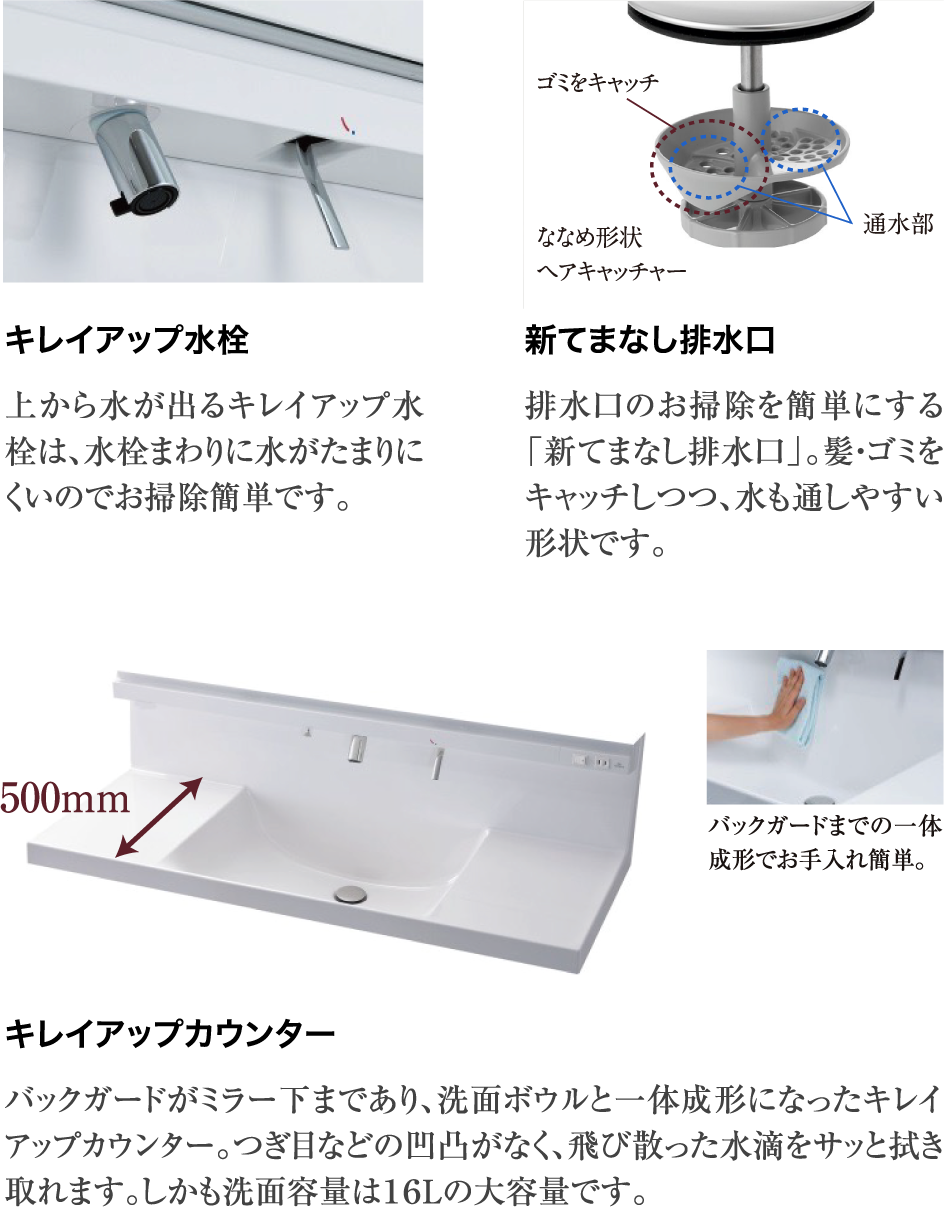 ハイバック洗面カウンター・ホーロー素材採用・スタイリッシュ3面鏡・収納スペース
