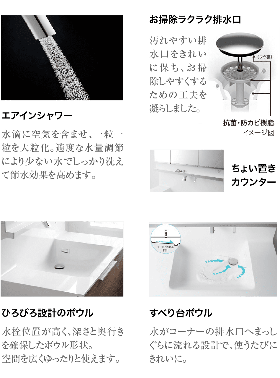 ハイバック洗面カウンター・ホーロー素材採用・スタイリッシュ3面鏡・収納スペース