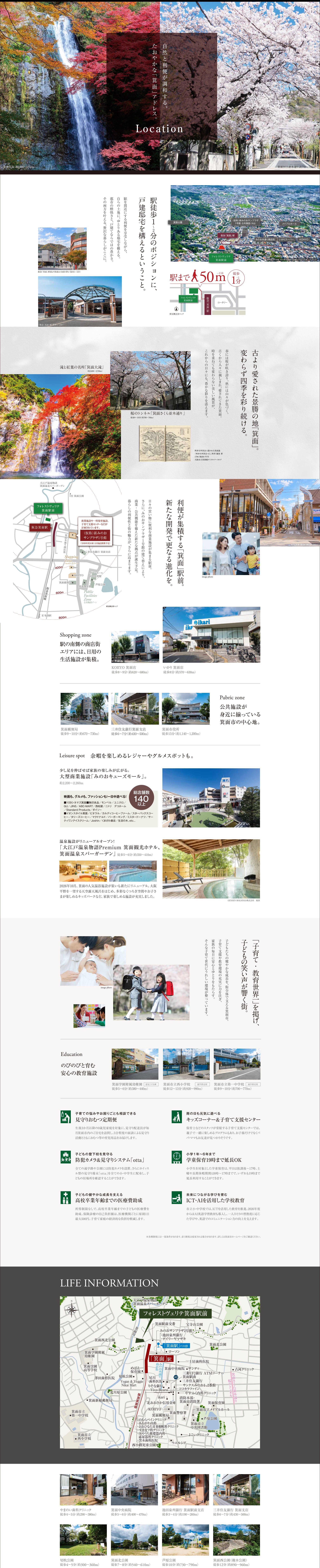 箕面駅前の立地、自然、駅前の商業・公共施設、子育て教育環境と生活情報