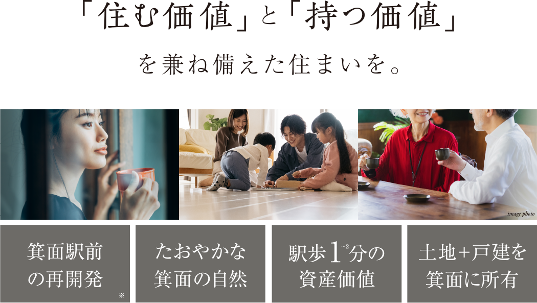 「住む価値」と「持つ価値」を兼ね備えた住まいを。箕面駅前の再開発、たおやかな箕面の自然、駅歩1〜2分の資産価値、土地＋戸建を箕面に所有。