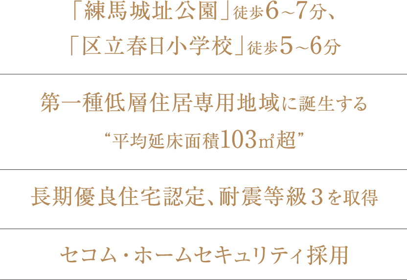 「練馬城址公園」徒歩６〜7分、「区立春日小学校」徒歩５〜6分／第一種低層住居専用地域に誕生する 平均延床面積103㎡超／長期優良住宅認定、耐震等級３を取得／セコム・ホームセキュリティ採用