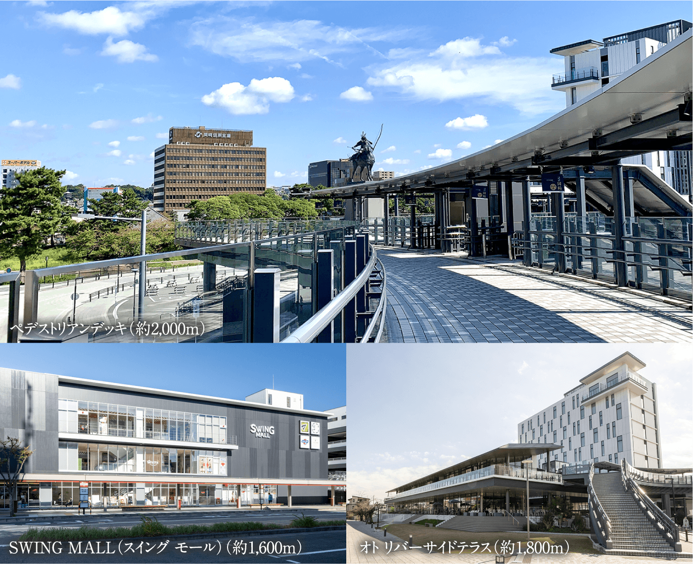 ペデストリアンデッキ（約1,500m）、SWING MALL（スイング モール）（約1,400m）、オト リバーサイドテラス（約1,600m）