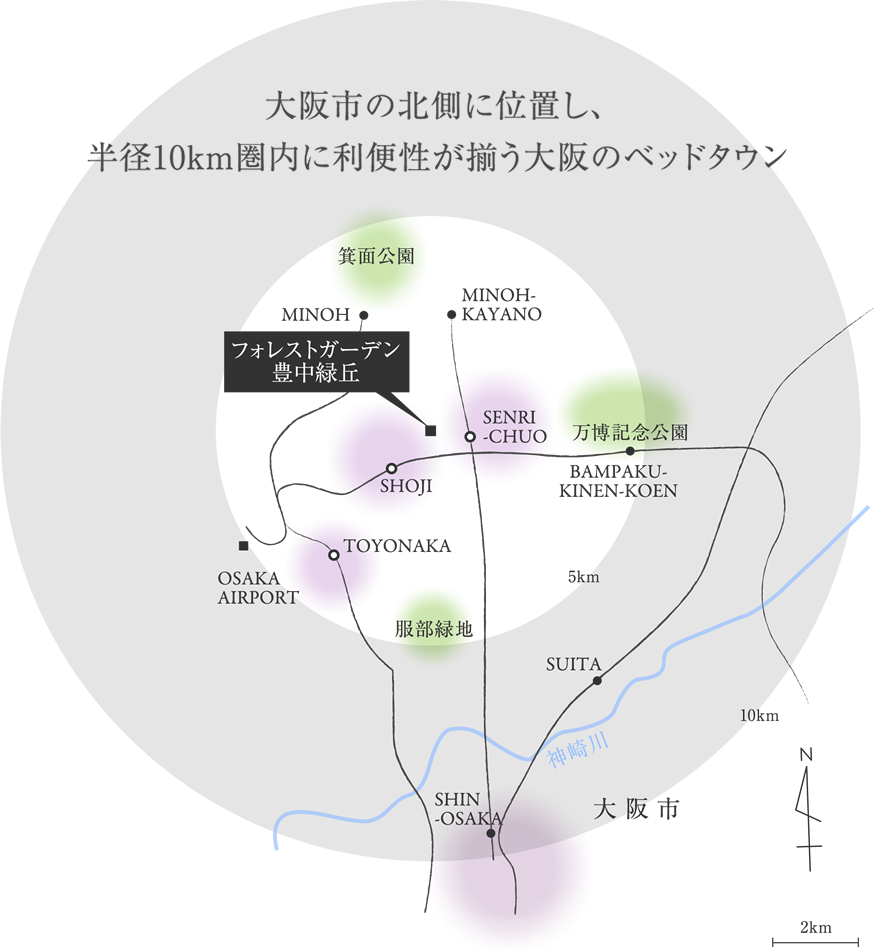 大阪市の北側に位置し、半径10km圏内に利便性が揃う大阪のベッドタウン
