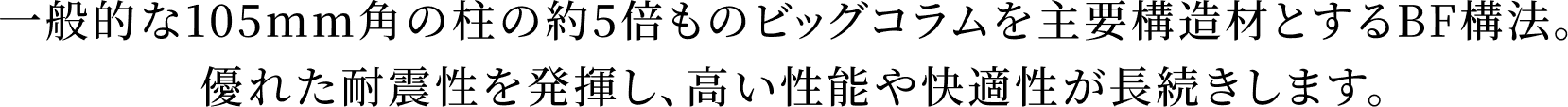 一般的な105mm角の柱の約5倍ものビッグコラムを主要構造材とするBF構法。優れた耐震性を発揮し、高い性能や快適性が長続きします。