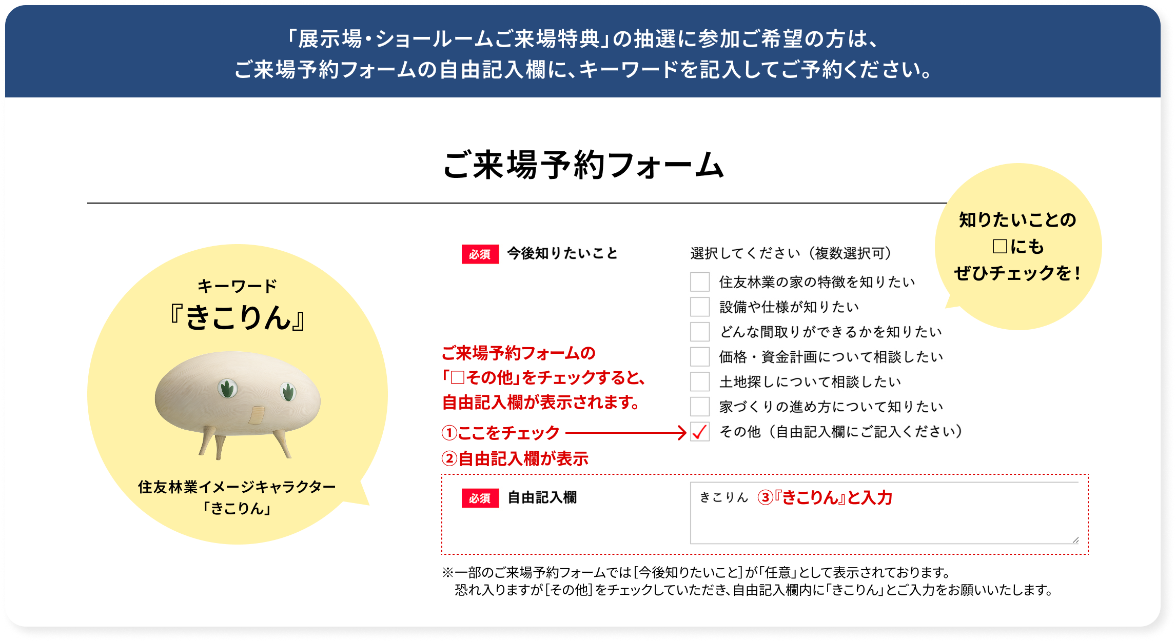 「展示場・ショールームご来場特典」の抽選に参加ご希望の方は、ご来場予約フォームの自由記入欄に、キーワードを記入してご予約ください。
