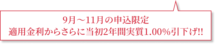 9月〜11月の申込限定 適用金利からさらに当初2年間実質1.00％引下げ!!