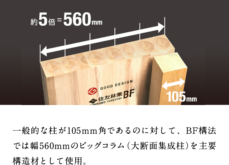一般的な柱が105mm角であるのに対して、BF構法では幅560mmのビッグコラム（大断面集成柱）を主要構造材として使用。