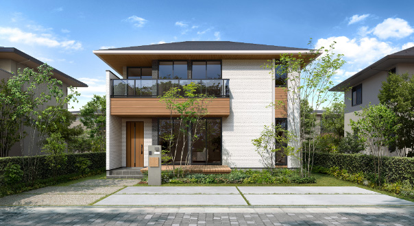 SELECT A　明るい木調色をアクセントに取り入れた外観。植栽の緑も映える自然体な住まいを演出。