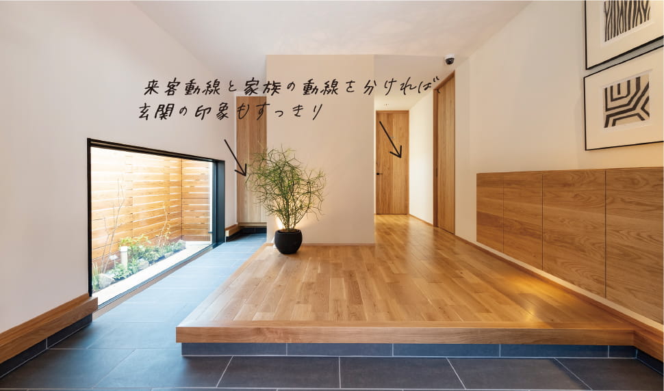 来客動線と家族動線の分かれた玄関