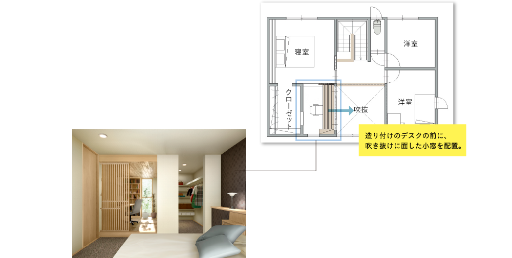造り付けのデスクの前に、吹き抜けに面した小窓を配置。