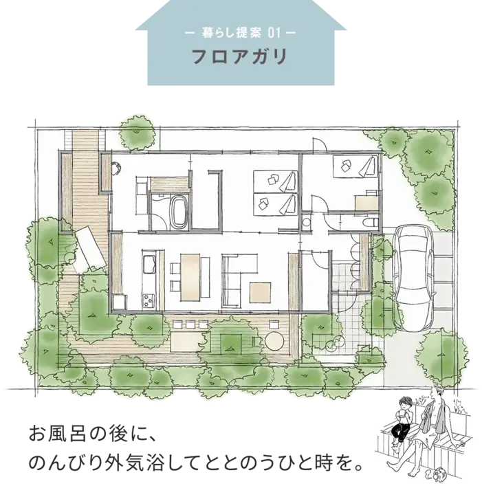 【暮らしの提案01：フロアガリ】お風呂の後に、のんびり外気浴してととのうひと時を。