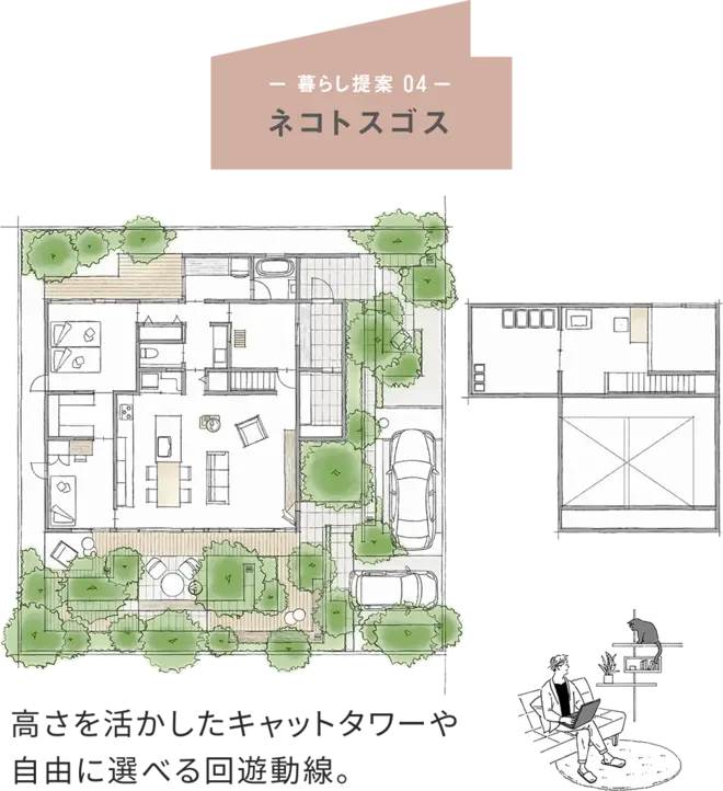 【暮らしの提案04：ネコトスゴス】高さを活かしたキャットタワーや自由に選べる回遊動線。