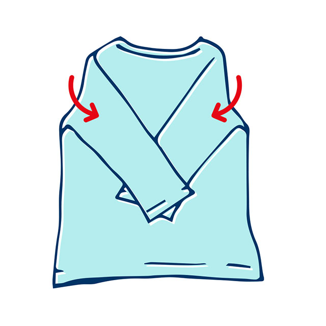 >後ろ側を表にして広げ、縫い目に沿って左右の袖を内側へ折る