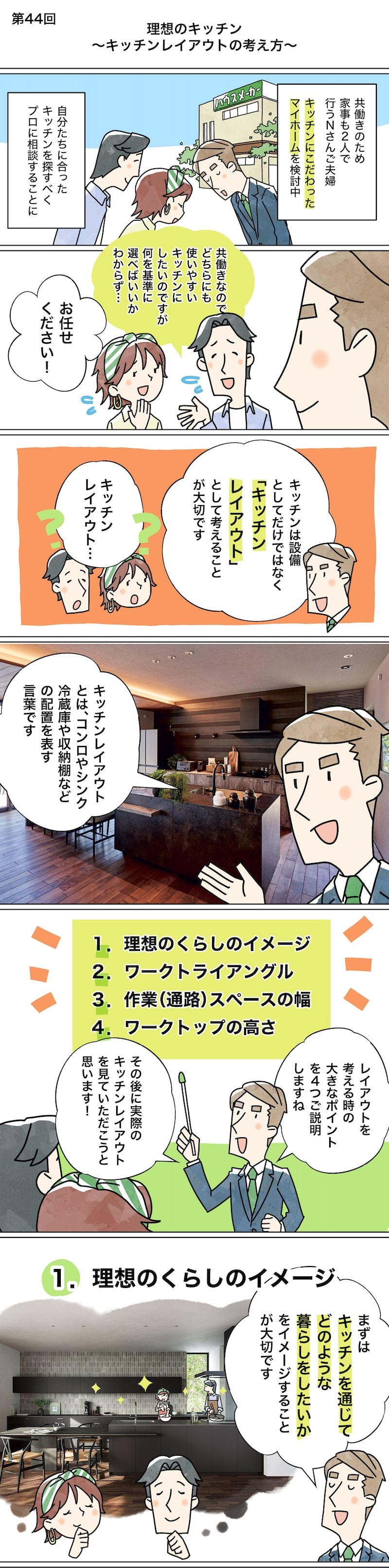 漫画でわかる！「初めての家づくり」㊹～理想のキッチン　キッチンレイアウトの考え方～1