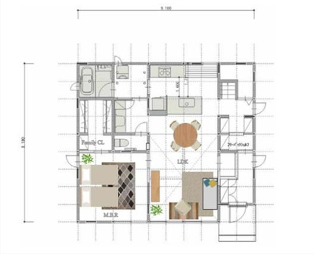 1.5階建ての注文住宅の間取りの１階部分