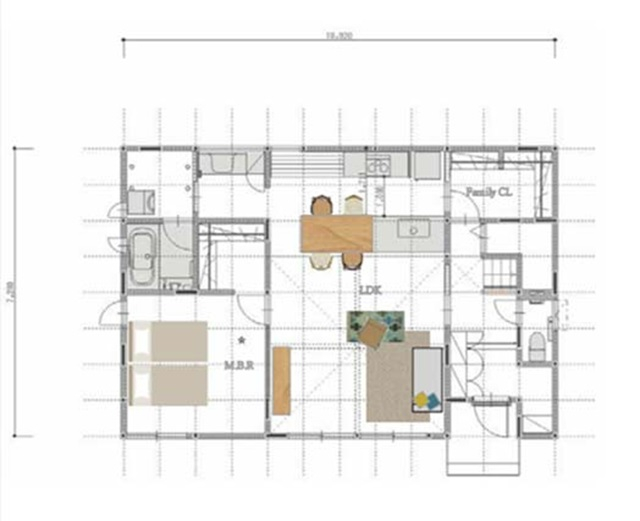 1.5階建ての注文住宅の間取りの１階部分