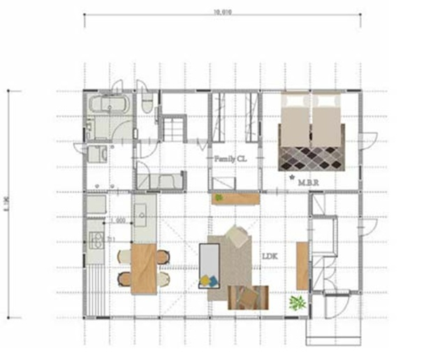 1.5階建ての注文住宅の間取りの１階部分