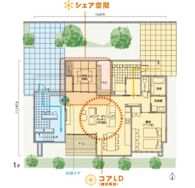 二世帯住宅の間取りの１階部分
