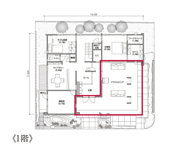 寝室に隣接したテラスリビングの間取り