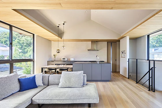 緑の借景を楽しむ、2階リビングの家