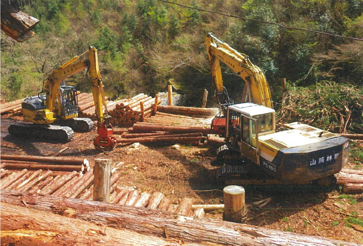 社有林内で伐採請負業者が重機で集材している様子（新居浜山林事業所）